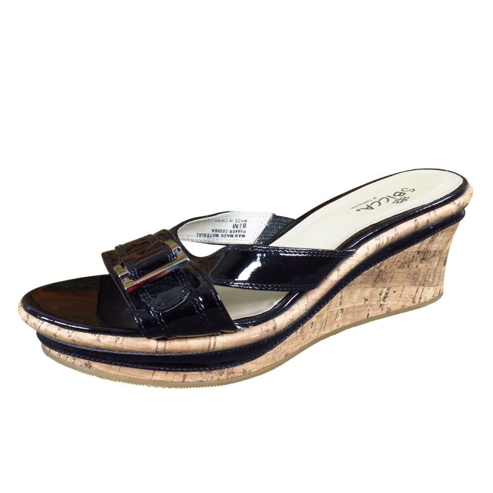 Sbicca P5840B Womens Wedge Sandals Size 8.5 Summer Platform Black Patent Cork